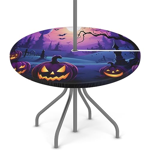 cfpolar Halloween Pumpkins Bat Tree Outdoor Round Fitted Tablecloth with Elastic Edge, Waterproof Table Cover with Umbrella Hole Table Cloth, for Party Family Dining Fits 45-56 in Diameter Table