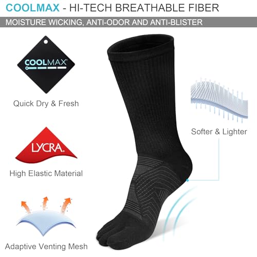 VWELL Toe Socks for Men Women Running COOLMAX Mid-Calf Finger Socks Athletic Breathable Five Toe Design Quick Dry, 3Pairs2