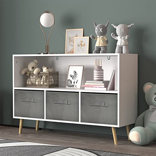 Kids Bookshelf And Bookcase Freestanding Storage Unit With Removable Three Storage Boxes, 3-Tier Open Wooden Display Book Shelf Organizer For Classroom, Playroom & Nursery, Kindergarten (White) #TOP2