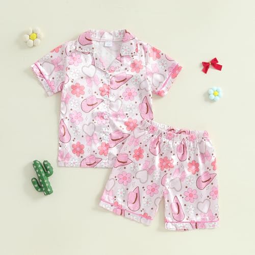 Multitrust Western Baby Girl Silk Pajamas Set Cowgirl Boot Button Up Short Sleeve Shirts Tops and Pants Satin Pj Sets Sleepwear (Pink, 3-4 Years)