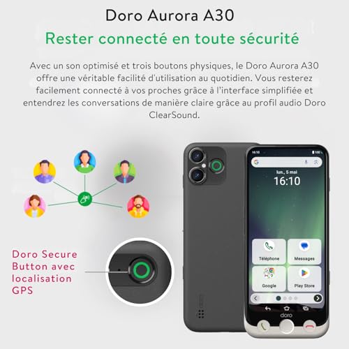 Doro - Smartphone Aurora A30 - Téléphone Portable Senior - Facile à Utiliser - Touche d'Assistance avec Localisation GPS - Compatible Appareils Auditifs - Câble USB Inclus - Blanc