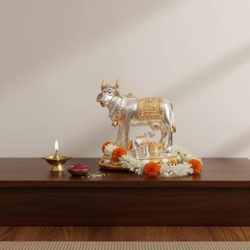 Estatua Kamdhenu de Resina Plateada 3.5 pulgadas miniatura 5