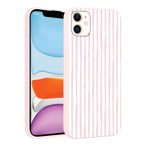 Yirlbey Été Coque pour iPhone 11 6,1'', Housse Rose Silicone avec Rose et Blanc Stripes Striped Aesthetic Dessin Motif Design, Étui pour Fille Ultra Fine TPU Souple...