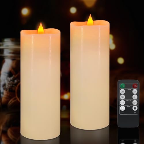 SoulBay LED Candles, 2PCS Real Wax Battery Candles with Remote Control and Timer, 600+ Long-Lasting Candles with Flickering Warm Yellow Lights for Home Room Table Halloween Christmas Decor, 3" x 8"