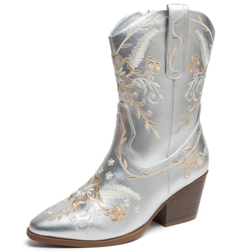 ANJOUFEMME Western Women's Cowboy Cowgirl Boots,Embroidered Round-toe Mid-calf Boots XBX02W-SILVER-9