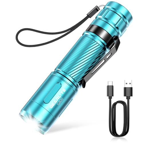 GEARLITE Taschenlampe LED Aufladbar, Superhelle Zoombare 2000 Lumen Mini Taschenlampen, 3 Modi, Lange Laufzeit, IP65 Wasserdicht Taktische Handlampe für Kinder Camping, Angeln, Notfall, Outdoor - Cyan