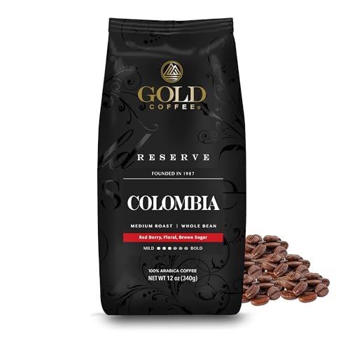 Gold Coffee Co. Premium Colombia Huila, Medium Roast - Whole Bean 100% Colombian Coffee - Notes of Caramel, Brown Sugar, Green Apple, 12 Oz