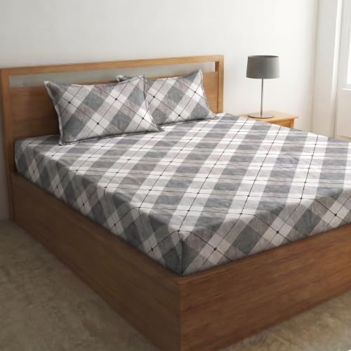 Image of Home Sizzler 210 TC Microfibre Grey Tartan Double Fitted Bedsheet (72X78 inch) with 2 King Size Pillow Covers