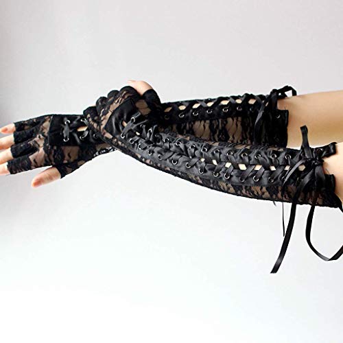 Dreamhigh Womens Sexy Elbow Length Punk Fingerless Lace Up Arm Warmer Lace Gloves, Black, One Size #TOP3
