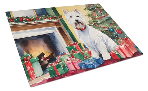 Caroline's Treasures DAC2764LCB Westie Cozy Christmas Glass Cutting Board Large Decorative Tempered Glass Kitchen Cutting and Serving Board Large Size Chopping Board