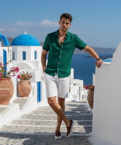 Image of VastraVibes Premium Cotton Linen Shirt for Men | Half Sleeve Slim Fit Casual Shirts | Lightweight Beach Wear & Festive Outfits | Trending Pastel Colors