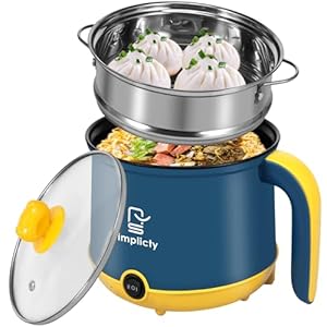 Electric Hot Pot 1.8L Mini Electric Cooking Pot with Steam Rack & Handle, 2 Gear Non-Stick Skillet Cooker Dry Protection Heating Boil Rapid Ramen Noodles Cooker for Soup Porridge