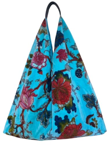 Poche Floral Slouchy Statement Oversized Tote Boho Hobo Bag Purse (multiple prints) (Turquoise with Flowers)