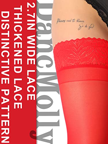 Image of DancMolly Silky Thigh High Stockings, with 17+ Colors Sheer Silicone Lace Top Pantyhose for Women