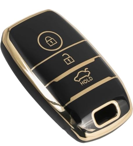 Image of TPU Car Key Cover Black & Golden Compatible for KIA Seltos,Sonet,Carens (KIA, 3 Button Push Smart Key)