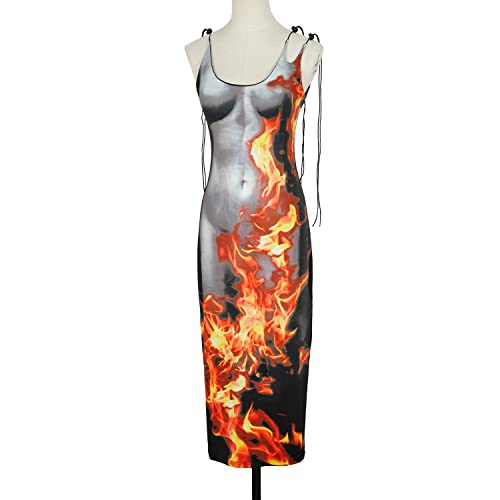 Y2K 3D Body Flame Print Women's mid-Length Dress Thin Strap Sleeveless Body-Shaping Dress2