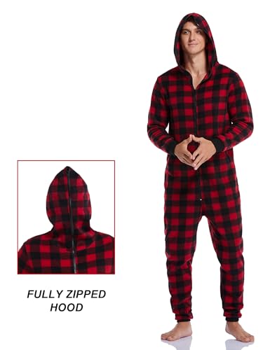 COLORFULLEAF Couples Matching Christmas Pajamas Sets Hooded Fleece Zipper Plaid Pjs Set Union Suits Soft Warm Jumpsuit2