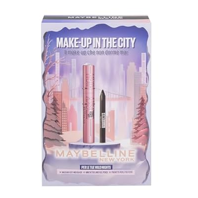 Maybelline New York Set Maquillaje Regalo Navidad Make Up in The City con Mascara de Pestañas Sky High Color Negro + Lápiz de Ojos Tattoo Liner Color Negro + Neceser Paillettes Maquillaje