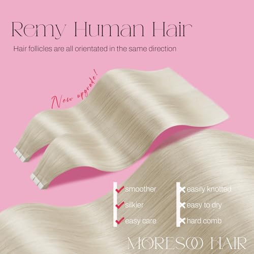 Moresoo Blonde Tape in Hair Extensions Human Hair 12 Inch Platinum Blonde Human Hair Tape in Extensions 20 Pieces/30g Tape Hair Extensions #60 - Image 2