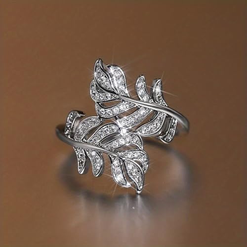 White Gold Plated Cubic Zirconia Elegant Luxury Leaf Statement Ring Personalized Accessory Ideal for Women's Daily Casual Wear Party Holiday Anniversary Love Jewelry Gift3