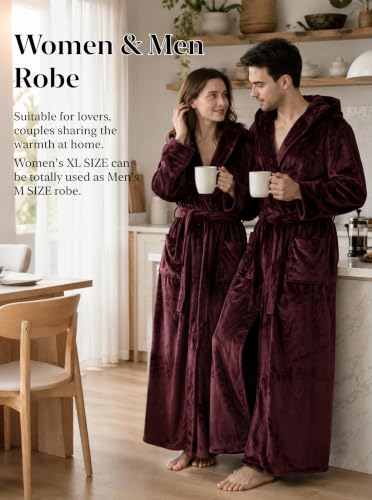 Image of Hellomamma Long Hooded Robe for Women Luxurious Flannel Fleece Full Length Bathrobe Winter Warm Pajamas Shower Nightgown