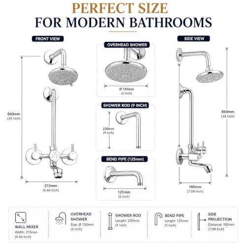 Image of iRiS Full Brass Wall Mixer Tap with Overhead Shower System Set | 100% Brass Bathroom Faucet with 125mm Long Bend Pipe | Chrome Finish Wall-Mounted Hot & Cold Water Mixer