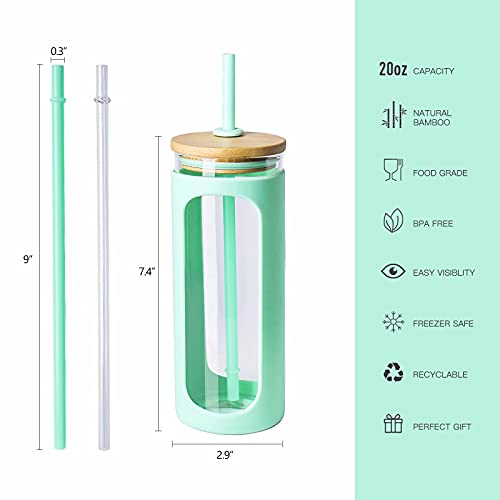 Kodrine 20oz Glass Water Tumbler with Straw and Lid, Bamboo Lids Water Bottle, Iced Coffee Cup Reusable, Wide Mouth Smoothie Cups with Protective Silicone Sleeve BPA FREE-Light Green