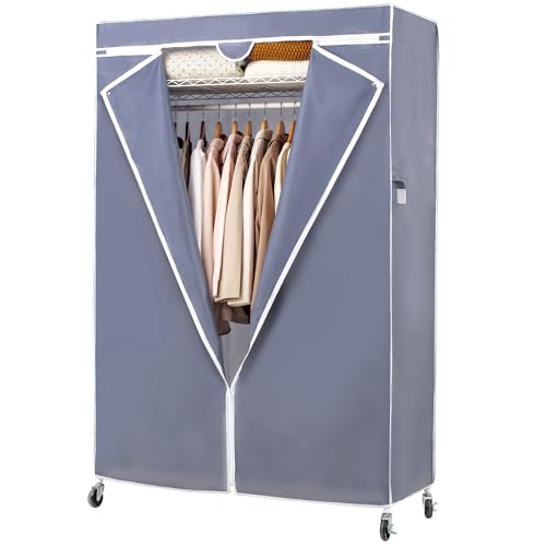JS HOME Heavy Duty Garment Rack, Free-Standing Rolling Clothes Rack with Fitted Dark Grey Oxford Cover, Extra Large Wardrobe Storage Rack/Organizer