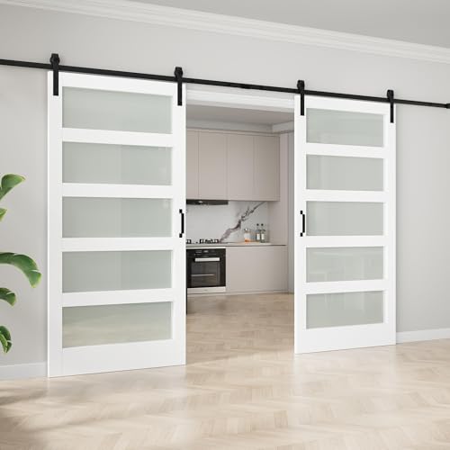 Image of 84 inchx84 inch Frosted Glass Barn Door with 14FT Sliding Hardware & Handle, White