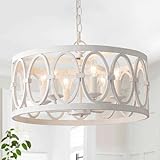 OSAIRUOS Farmhouse Antique Chandelier for Dining Room Kitchen Island 6-Light Drum Pendant Chandeliers Distressed White Metal Round Hanging Lighting Fixtures Vintage Rustic Handmade Chandelier W19.7