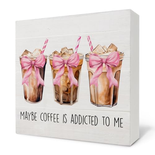 Nvotell Pink Coquette Bow Maybe Iced Coffee Is Addicted to Me Wooden Box Sign, Pink Retro Wood Block Plaque for Coffee Station Shop Bar Desk Shelf Tabletop Decor 5x5 Inch