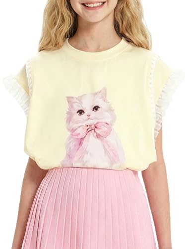 Image of Girls Ruffle Sleeves Shirt Cat Graphic Tee Cute Summer Short Sleeve Top for Teens 6-16Y