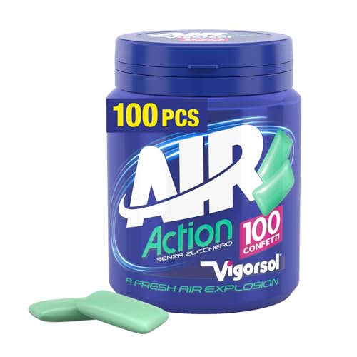 Vigorsol Air Action, Chewing Gum, Gusto Menta, Senza Zucchero, Senza Glutine, Barattolo da 100 Gomme da Masticare, Ideale per una Freschezza Intensa a Portata di Mano
