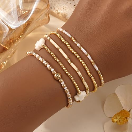 5Pcs Gold Plated Cross Beaded Bracelets Stack Set for Women,Stretch Stackable Boho Colorful Beads Ball Jewelry Friendship Summer Daily Wear Trendy2