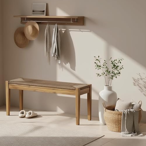Image of Vintage Entryway Bench, 45 inch Acacia Wood Bench with Woven Rope Seat, Wicker Bench Indoor for Hallway, End of Bed, Rustic Farmhouse Boho Style, Rope Dining Bench (Natural)