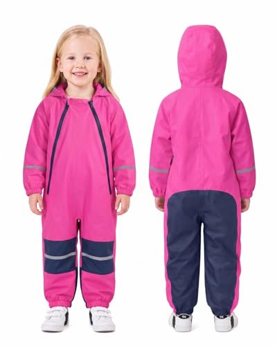JiAmy Regenanzug Kinder Matschanzug für Jungen & Mädchen Regenoverall Einteiler mit Doppel-Reißverschluss & Verstärkten Knien Rosarot 1-2 Jahre