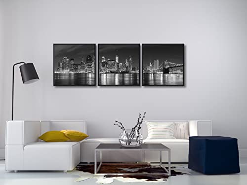 Pyradecor Large Black Framed New York City Skyline Night 3 Panel Black And White Cityscape Canvas Prints Wall Art For Living Room Bedroom Home Decorations #TOP30