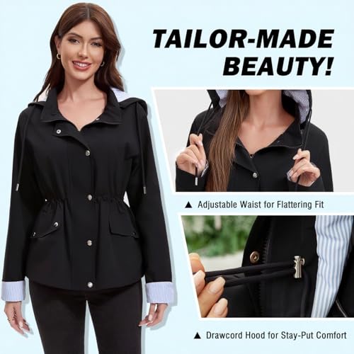 Fashion Raincoats, Windbreaker with Detachable Hood, Women's Waterproof Short Lightweight Rain Jacket for Outdoor4