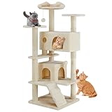 DUMOS 54-inch Indoor Cat Tree Tower –Multi-Level Pet House for Large Cats with 2 Condos, Scratching Posts, Round Platform, Small Ladder, and Toys, Beige