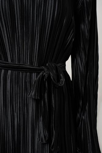 Image of Pluto & Fox Women's Crew Neck Plisse Maxi Dress Long Sleevele Flared Cuffs Belted Pleated Party Cocktail Wedding Guest Dress