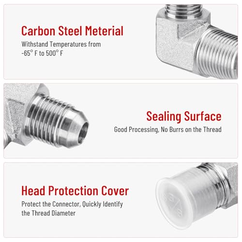 Image of 5 Pack 90 Degree Elbow Hydraulic Adapter Fittings: 3 /8 inch JIC Male x 3 /8 inch NPT Male, with Protection Cover Hydraulic Hose Crimp Connectors
