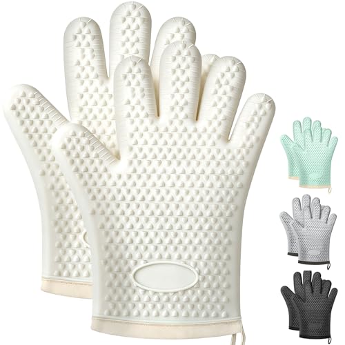 swihorab 2Pack Heat Resistant Oven Mitts for Grilling and Baking, Non-Slip Silicone Gloves, Waterproof Kitchen Mitts with Flexible Fit & Easy to Clean Design, White