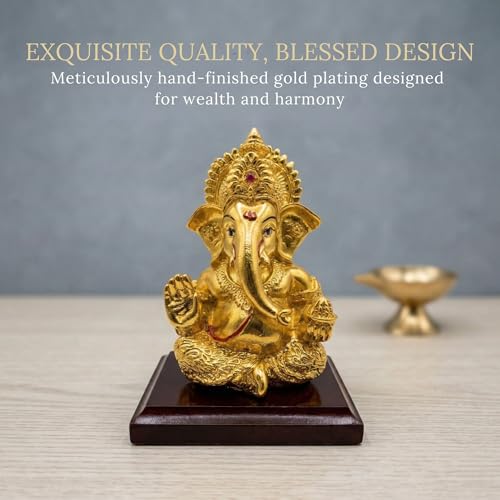Image of 24K Gold Plated Ganesha Idol - 4 Inch Divine Seated Ganpati Statue on Premium Wooden Base - Auspicious Vastu Home Decor and Spiritual Gift with Anti-Tarnish Finish