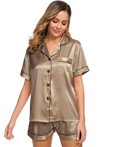Image of SWOMOG Womens Silk Satin Pajamas Set Short Sleeve Sleepwear Button Down Top and Shorts Loungewear 2 Piece Pjs Set XS-3XL Deep Khaki X-Large