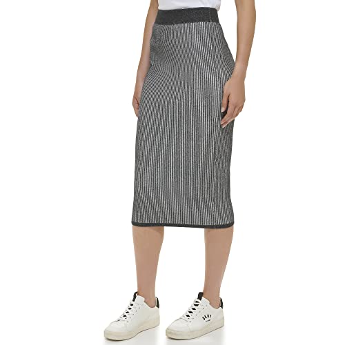 DKNY Jeans Women's Ribbed Pull-On Close-Fitting Midi Skirt (Black/White, Large)3