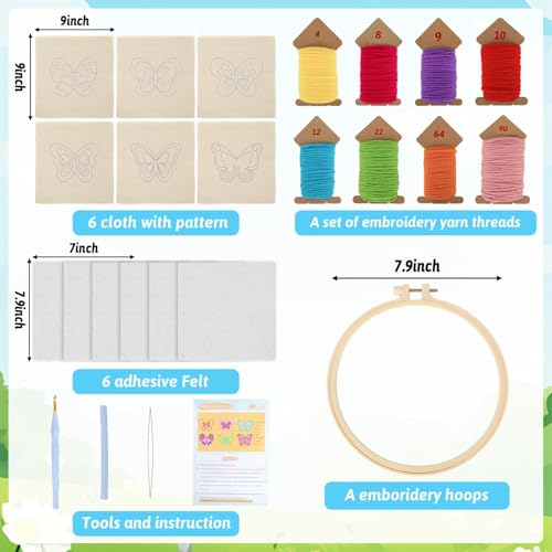Image of Punch Needle Kit for Beginners 6 Patterns Butterfly Designs Embroidery Punch Needle Coaster Kit for Mom with Adhesive Felt Yarns Embroidery Hoop Instruction Idea Punching Art Kits for Mother's Day