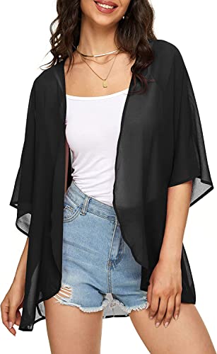 Image of Indian Trendy Women's Solid Puff Sleeve Kimono Cardigan Loose Cover Up Casual Blouse Top Chiffon