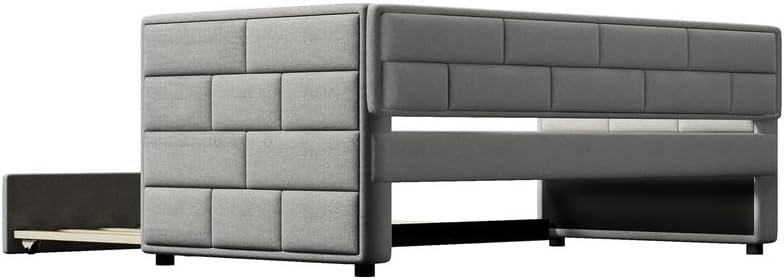 Twin Size Daybed with Trundle, Upholstered Sofa Bed Frame with with Padded Back, Armrests and Wood Slat Support, Twin Bed Frame for Guest Room, Bedroom,Living Room, Gray