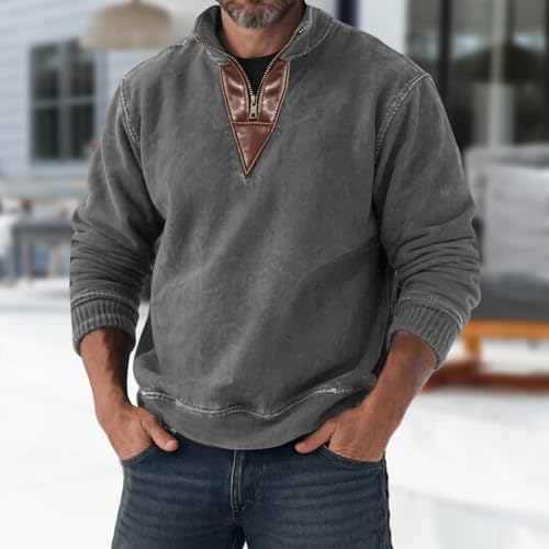 Mens Sweatshirt Quarter Zip Pullover Casual Vintage Acid Wash Sweatshirt Mock Neck Long Sleeve Fall Winter Streetwear2