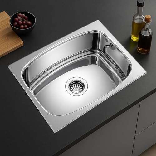 Image of EVANEX Kitchen Sink 24x18x10 Inch Hydraulic Sink Single Bowl 304 Stainless Steel Sinks for Kitchen Basin | Glossy Finish Indian Kitchen Sink Including Coupling, Waste Pipe | Kitchen Sinks